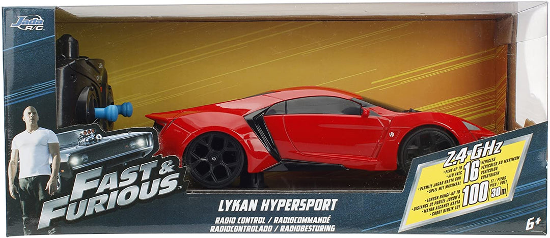 Jada Toys Fast & Furious Lykan Hypersport 253203020 Remote Control 2-Channel Radio Control Turbo Function RC Car Drives Forwards-Backwards, Left-Right, Scale 1:24, Red