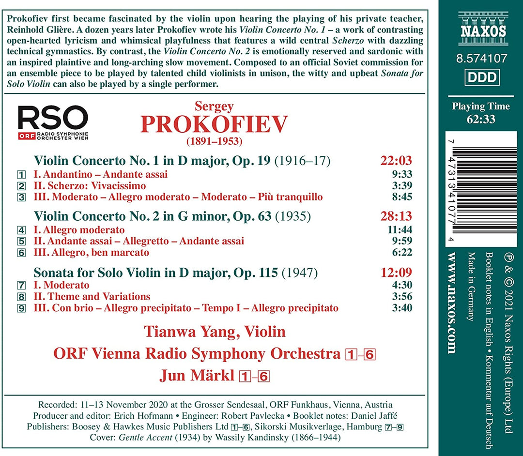 Prokofiev: Violin Concertos 1&2 [Tianwa Yang; ORF Vienna Radio Symphony Orchestra; Jun Märkl] [Naxos: 8574107] [Audio CD]