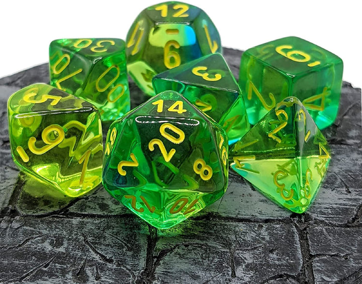 Chessex Gemini Translucent Dice Set 7 Polyhedral Dice Green and Teal with Yellow