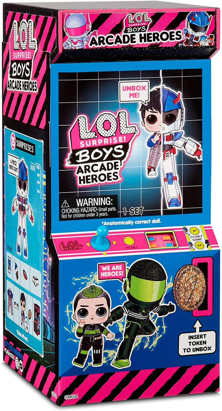 LOL Surprise Boys Arcade Heroes – Action Figure Doll - With 15 Surprises, 6 Piece Hero Suit and Accessories
