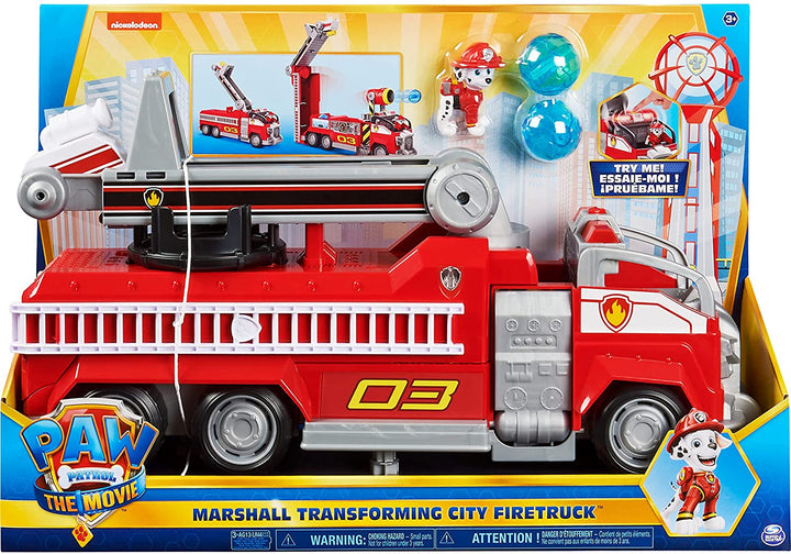 PAW Patrol Marshall’s Transforming Movie City Fire Truck with Extending Ladder, Lights and Sounds and Collectible Action Figure, Kids’ Toys for Ages 3 and up