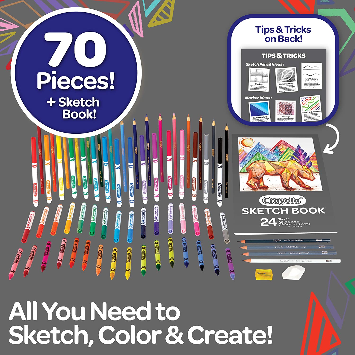 Crayola - Sketch & Color Art Kit 70+ Piece Set with Sketchbook 5