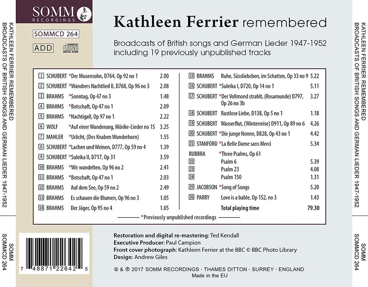 Kathleen Ferrier Remembered [Kathleen Ferrier; Bruno Walter; Gerald Moore; Frederick Stone] [Somm: SOMM 264] [Audio CD]