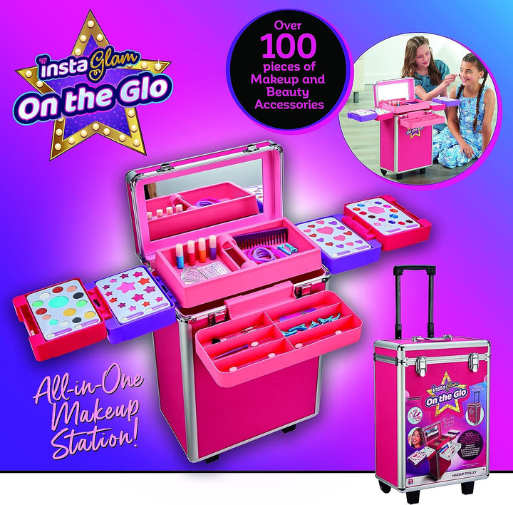 Shimmer and Sparkle Instaglam Make Up Trolley, pull along makeup trolley, 100 pieces including on trend makeup colours, nail polishes, applicators, hair accessories