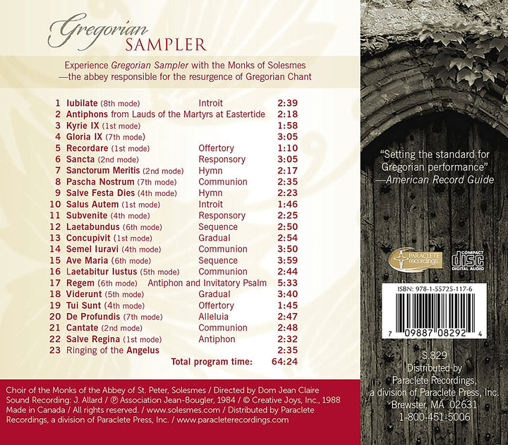 Choir of the Monks of the Abbey St. Peter - Gregorian Chant Sampler [Choir of the Monks of the Abbey St. Peter; Solesmes; Dom Jean Claire] [Paraclete Recordings: GD 8291] [Audio CD]