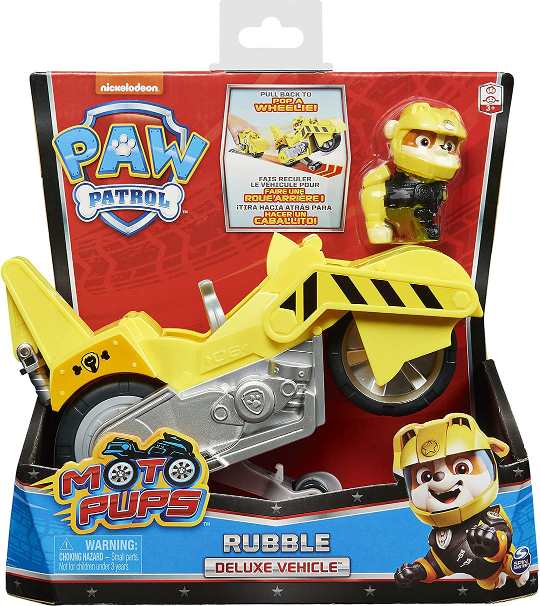 PAW Patrol Moto Pups Rubble’s Deluxe Pull Back Motorcycle Vehicle with Wheelie Feature and Figure