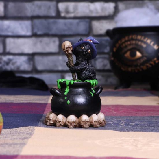 Spook Witches Familiar Black Cat and Bubbling Cauldron Figurine